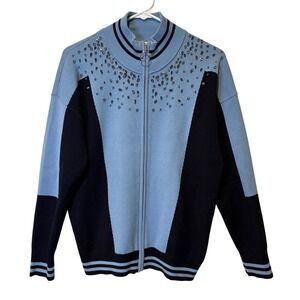 Sandro Blue Colorblock Embellished Zip Up Track Jacket Sweater Knit Women Small